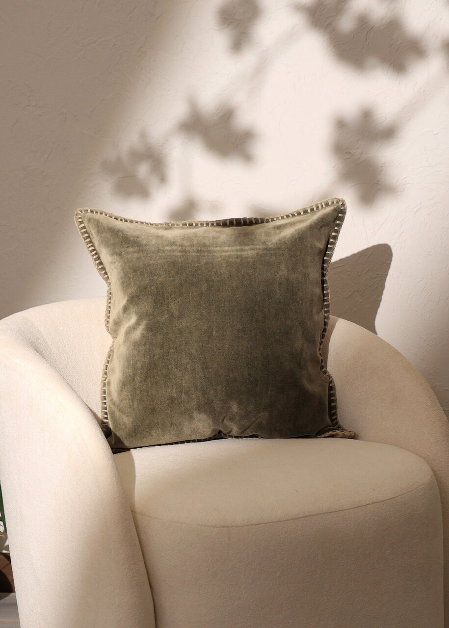 Stonewashed Cotton Velvet Throw Pillow – 18"x18" Decorative Cushion with Handstitched Edges
